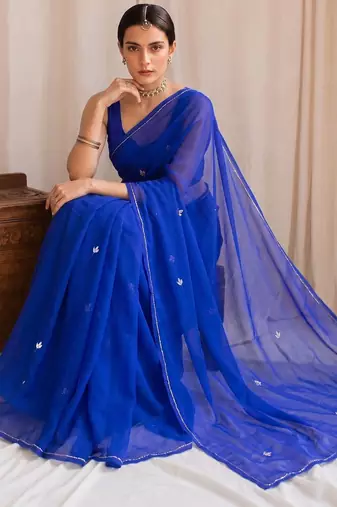 Blue floral embroidered poly georgette designer saree