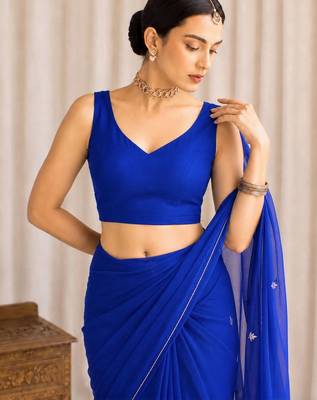 Blue floral embroidered poly georgette designer saree 5