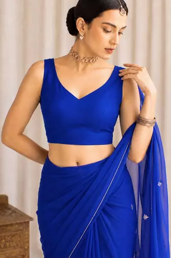 Blue floral embroidered poly georgette designer saree