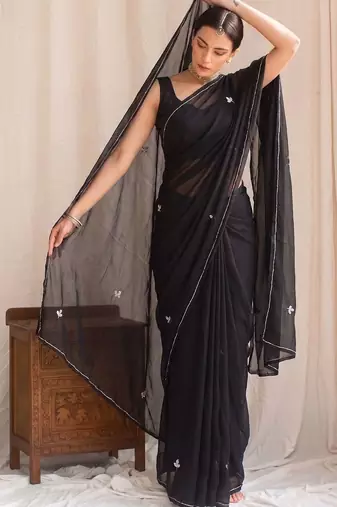 Black floral embroidered poly georgette designer saree