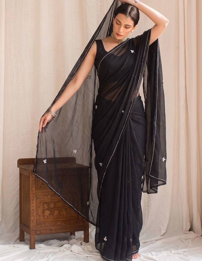 Black floral embroidered poly georgette designer saree
