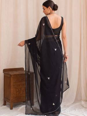 Black floral embroidered poly georgette designer saree 2