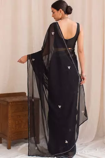 Black floral embroidered poly georgette designer saree