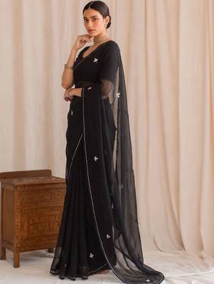 Black floral embroidered poly georgette designer saree 3