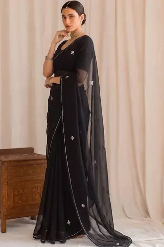 Black floral embroidered poly georgette designer saree