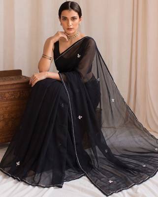 Black floral embroidered poly georgette designer saree 4