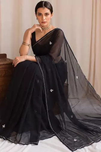 Black floral embroidered poly georgette designer saree