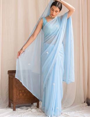 Blue floral embroidered poly georgette designer saree 1