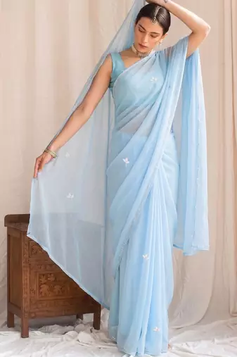 Blue floral embroidered poly georgette designer saree