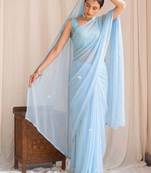 Blue floral embroidered poly georgette designer saree