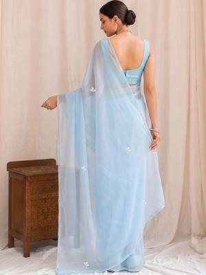 Blue floral embroidered poly georgette designer saree 2
