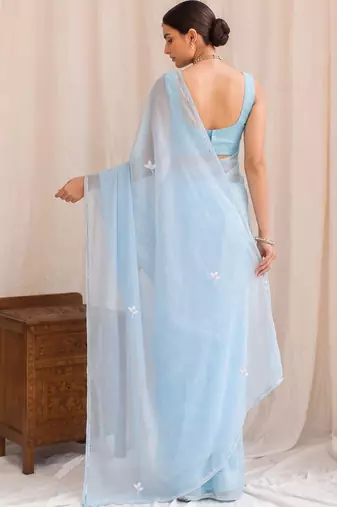 Blue floral embroidered poly georgette designer saree