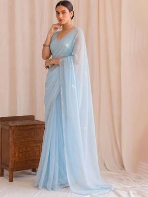 Blue floral embroidered poly georgette designer saree 3
