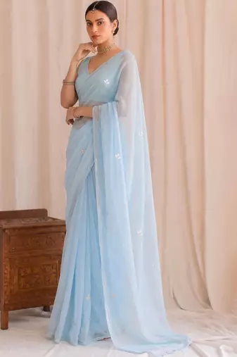 Blue floral embroidered poly georgette designer saree