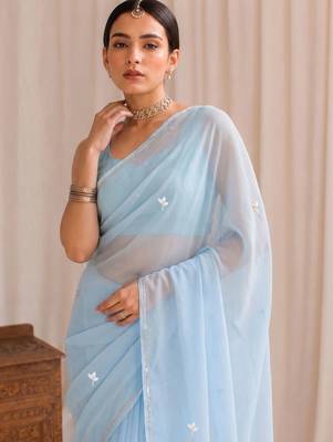 Blue floral embroidered poly georgette designer saree 4