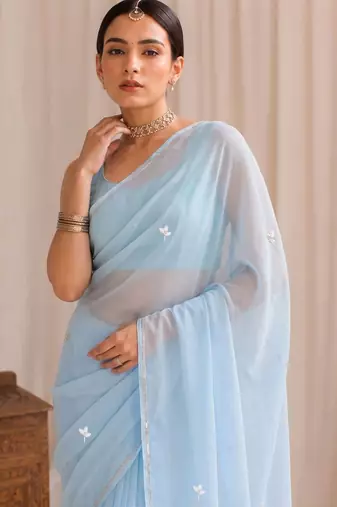 Blue floral embroidered poly georgette designer saree