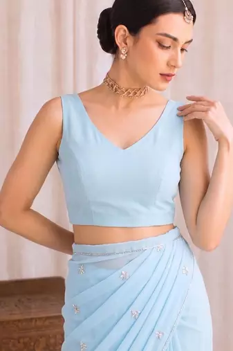Blue floral embroidered poly georgette designer saree