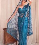 Teal floral sequinned net designer saree