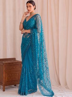 Teal floral sequinned net designer saree 3