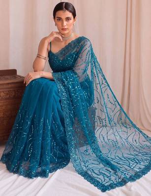 Teal floral sequinned net designer saree 4