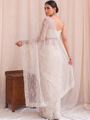 Off white floral sequinned net designer saree 2