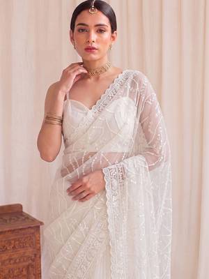 Off white floral sequinned net designer saree 3