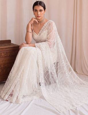 Off white floral sequinned net designer saree 4