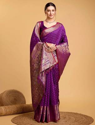 Purple ethnic motifs woven design art silk kanjivaram saree 1