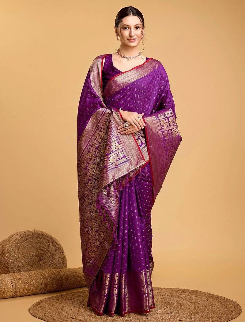 Purple ethnic motifs woven design art silk kanjivaram saree