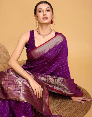 Purple ethnic motifs woven design art silk kanjivaram saree 5