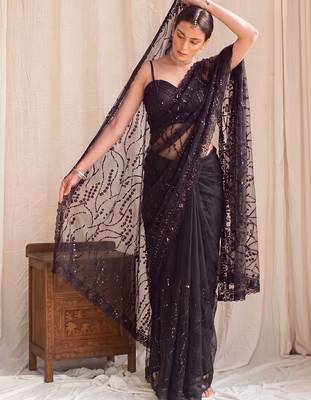 Black floral sequinned net designer saree 1