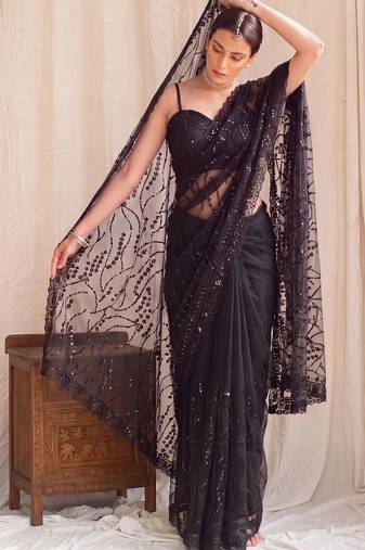 Black floral sequinned net designer saree
