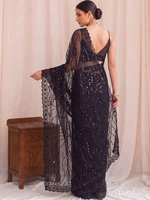 Black floral sequinned net designer saree 2