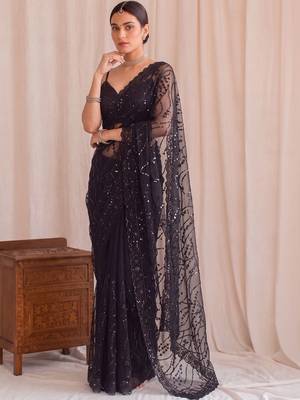 Black floral sequinned net designer saree 3