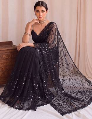 Black floral sequinned net designer saree 4