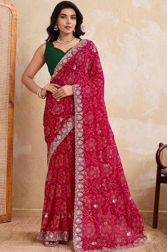 Red printed bandhani saree with unstitched blouse
