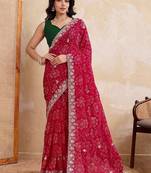 Red printed bandhani saree with unstitched blouse