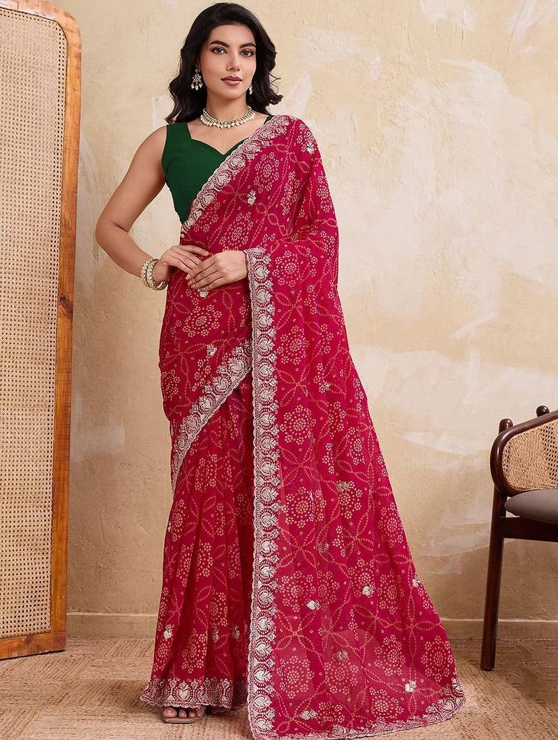 Red printed bandhani saree with unstitched blouse