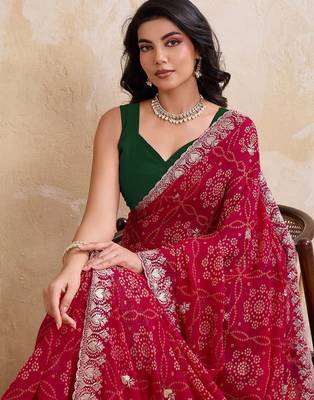 Red printed bandhani saree with unstitched blouse 2