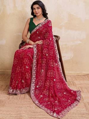 Red printed bandhani saree with unstitched blouse 3