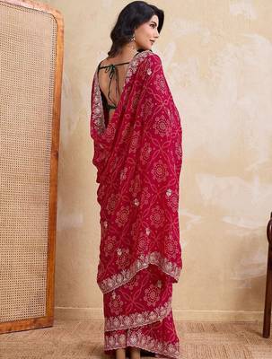 Red printed bandhani saree with unstitched blouse 4
