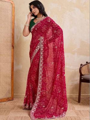 Red printed bandhani saree with unstitched blouse 5