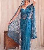Teal floral sequinned net designer saree