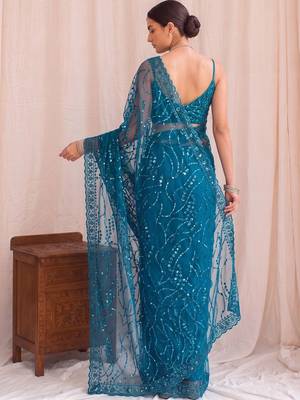 Teal floral sequinned net designer saree 2