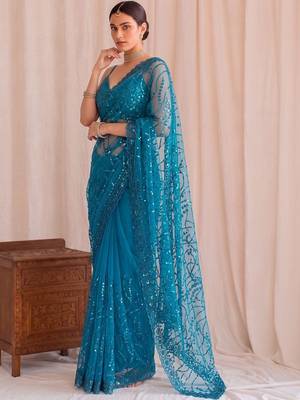 Teal floral sequinned net designer saree 3