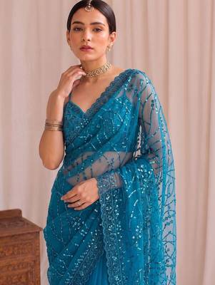 Teal floral sequinned net designer saree 4