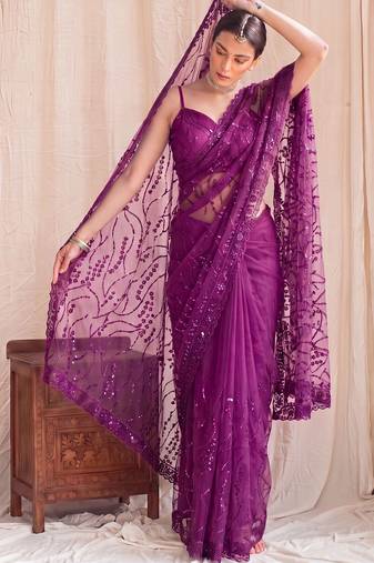 Purple floral sequinned net designer saree