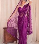 Purple floral sequinned net designer saree
