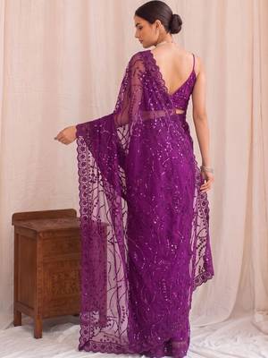 Purple floral sequinned net designer saree 2
