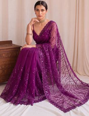 Purple floral sequinned net designer saree 3